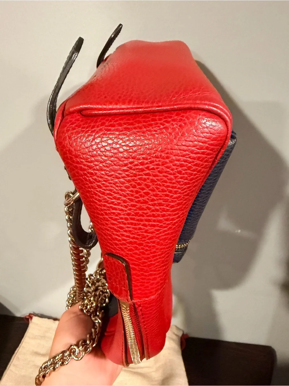 GUCCI *LIKE NEW* Red & Black Leather Mini Backpack & Gold Chain - W/ Dusty